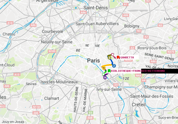 plan itinéraire ratp de Bibliotheque-Francois Mitterrand à Gambetta