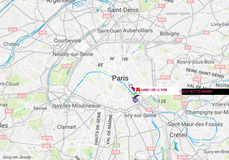 plan itinéraire ratp de Bibliotheque-Francois Mitterrand à Gare de Lyon