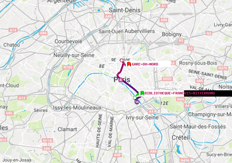 plan itinéraire ratp de Bibliotheque-Francois Mitterrand à Gare du Nord