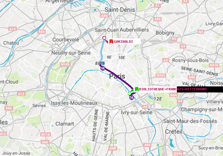 plan itinéraire ratp de Bibliotheque-Francois Mitterrand à Garibaldi