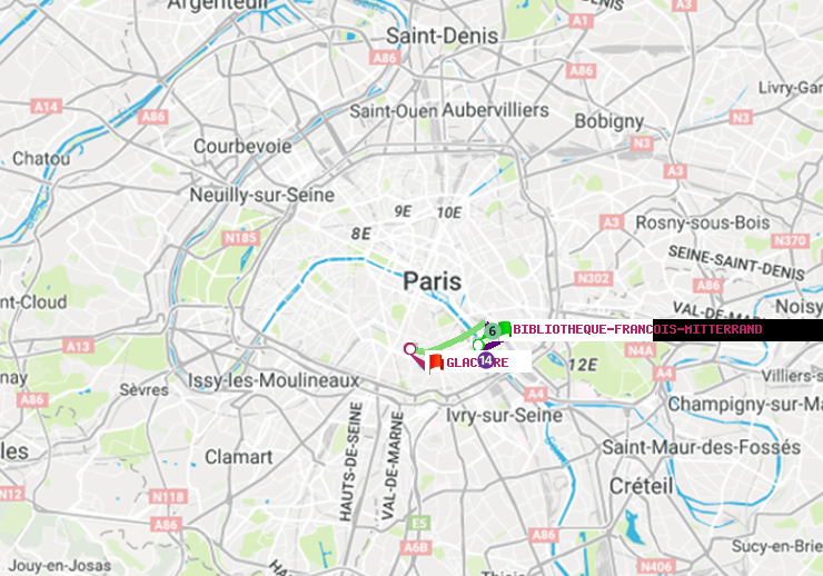 plan itinéraire ratp de Bibliotheque-Francois Mitterrand à Glacière