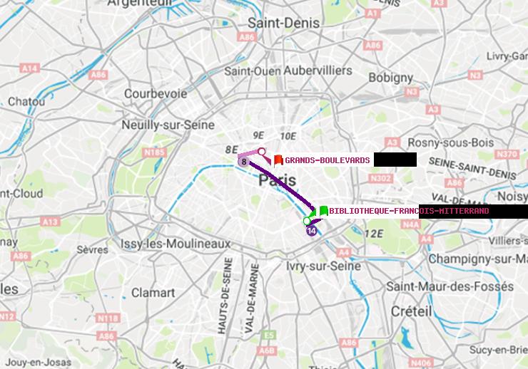 plan itinéraire ratp de Bibliotheque-Francois Mitterrand à Grands Boulevards