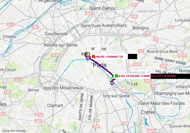 plan itinéraire ratp de Bibliotheque-Francois Mitterrand à Havre-Caumartin