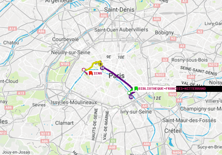 plan itinéraire ratp de Bibliotheque-Francois Mitterrand à Iéna