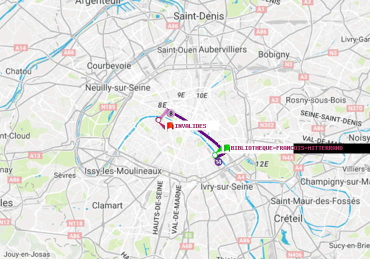 plan itinéraire ratp de Bibliotheque-Francois Mitterrand à Invalides