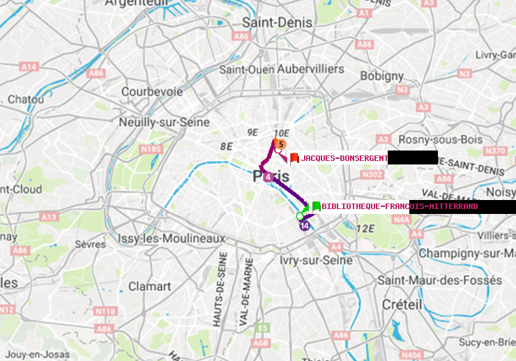 plan itinéraire ratp de Bibliotheque-Francois Mitterrand à Jacques-Bonsergent