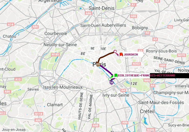 plan itinéraire ratp de Bibliotheque-Francois Mitterrand à Jourdain
