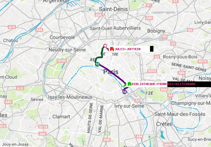 plan itinéraire ratp de Bibliotheque-Francois Mitterrand à Jules Joffrin