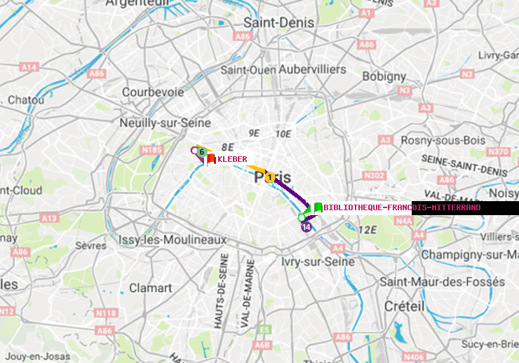 plan itinéraire ratp de Bibliotheque-Francois Mitterrand à Kléber