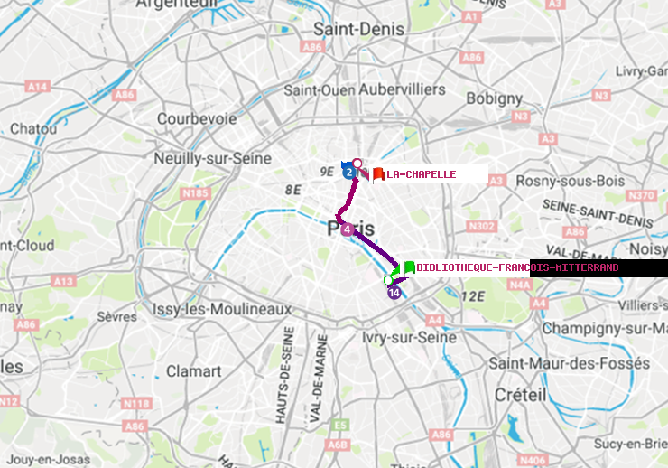 plan itinéraire ratp de Bibliotheque-Francois Mitterrand à La Chapelle