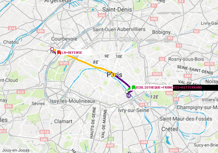 plan itinéraire ratp de Bibliotheque-Francois Mitterrand à La Défense (Grande Arche)