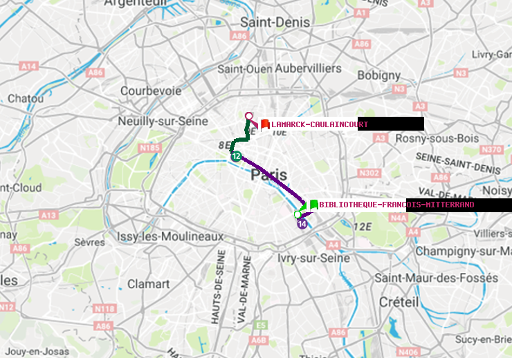 plan itinéraire ratp de Bibliotheque-Francois Mitterrand à Lamarck-Caulaincourt