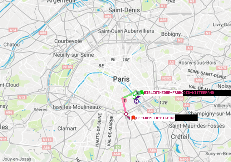 plan itinéraire ratp de Bibliotheque-Francois Mitterrand à Le Kremlin-Bicêtre
