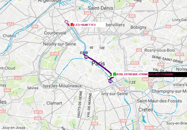 plan itinéraire ratp de Bibliotheque-Francois Mitterrand à Les Agnettes