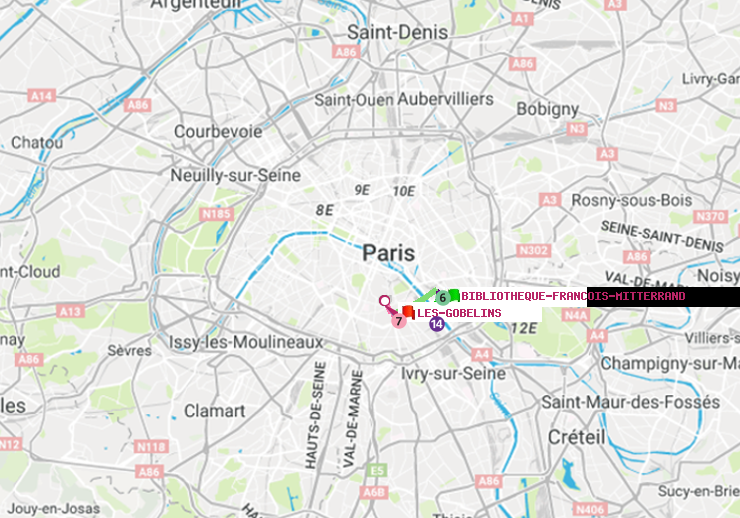 plan itinéraire ratp de Bibliotheque-Francois Mitterrand à Les Gobelins