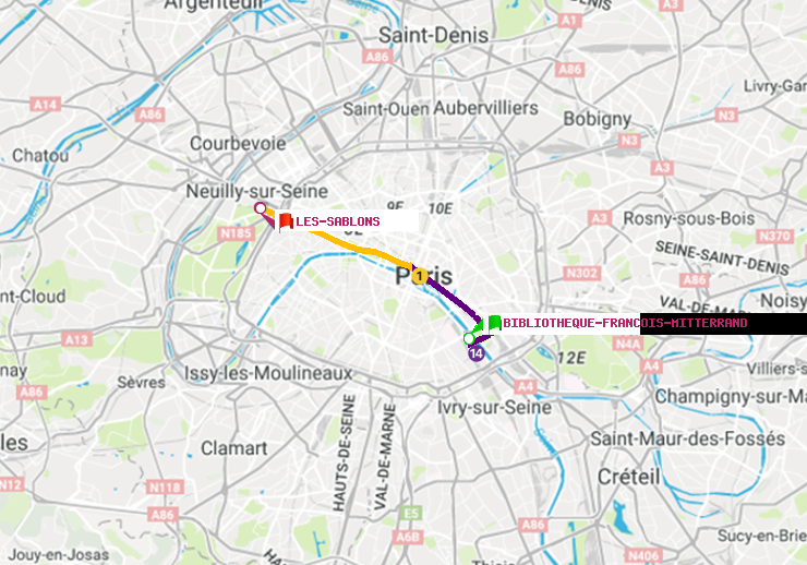 plan itinéraire ratp de Bibliotheque-Francois Mitterrand à Les Sablons (Jardin d