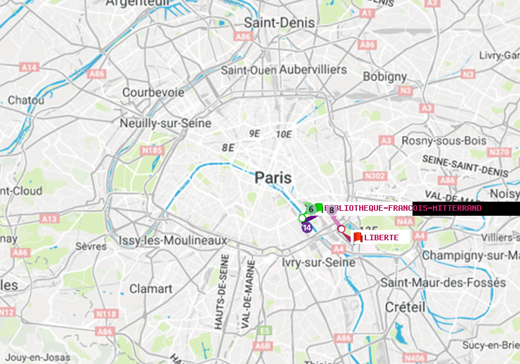 plan itinéraire ratp de Bibliotheque-Francois Mitterrand à Liberté