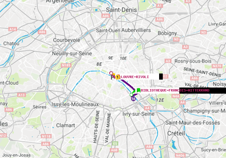 plan itinéraire ratp de Bibliotheque-Francois Mitterrand à Louvre-Rivoli