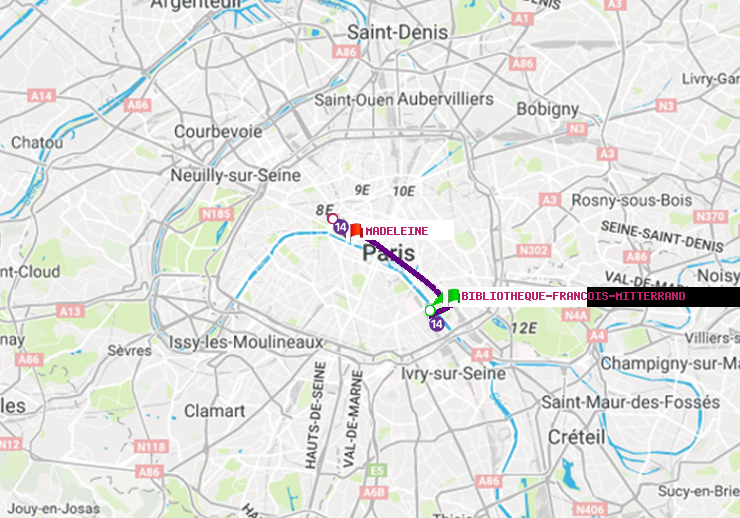 plan itinéraire ratp de Bibliotheque-Francois Mitterrand à Madeleine