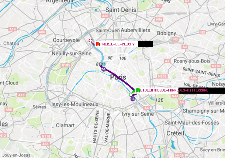 plan itinéraire ratp de Bibliotheque-Francois Mitterrand à Mairie de Clichy