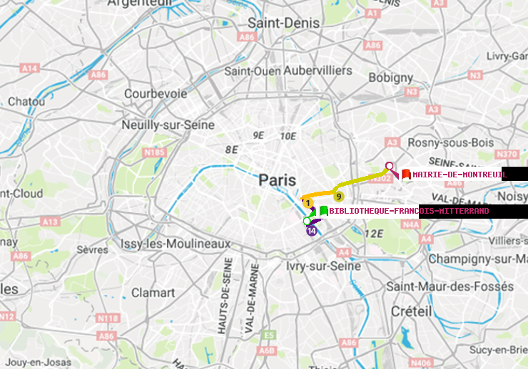 plan itinéraire ratp de Bibliotheque-Francois Mitterrand à Mairie de Montreuil