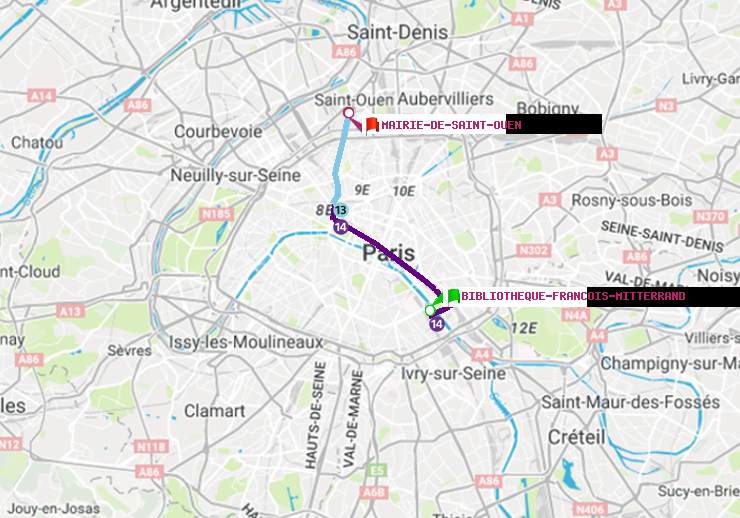plan itinéraire ratp de Bibliotheque-Francois Mitterrand à Mairie de Saint-Ouen