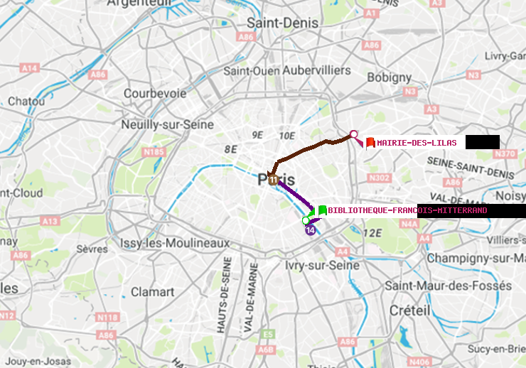plan itinéraire ratp de Bibliotheque-Francois Mitterrand à Mairie des Lilas