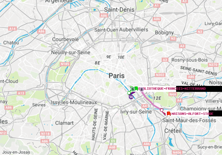 plan itinéraire ratp de Bibliotheque-Francois Mitterrand à Maisons-Alfort-Stade
