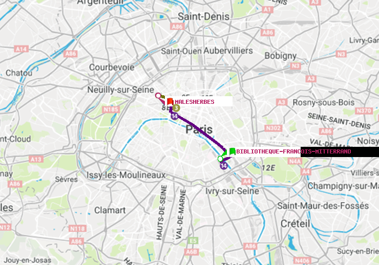plan itinéraire ratp de Bibliotheque-Francois Mitterrand à Malesherbes