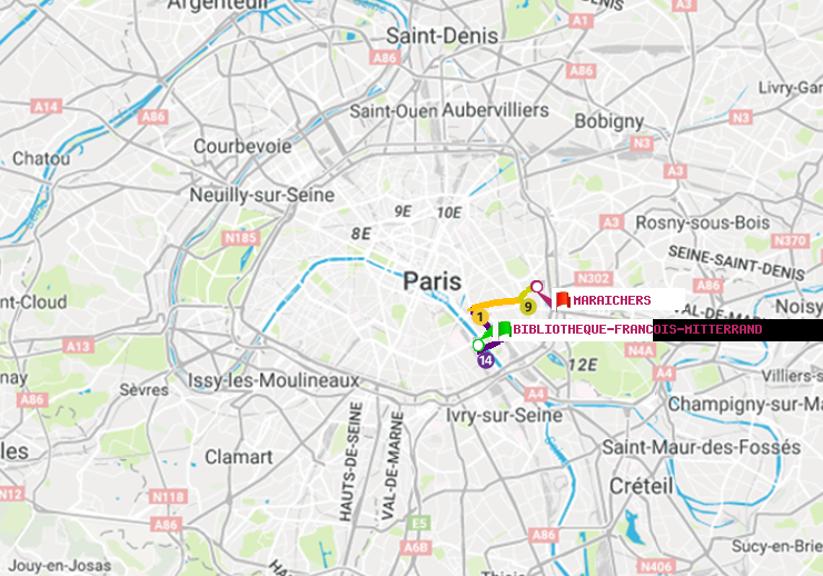 plan itinéraire ratp de Bibliotheque-Francois Mitterrand à Maraichers