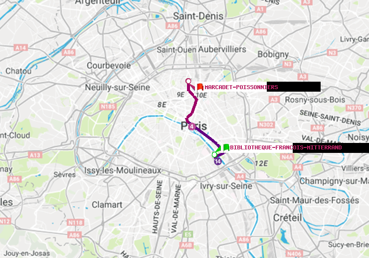 plan itinéraire ratp de Bibliotheque-Francois Mitterrand à Marcadet-Poissonniers