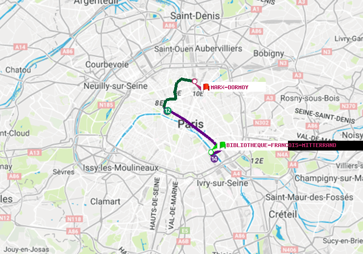 plan itinéraire ratp de Bibliotheque-Francois Mitterrand à Marx-Dormoy