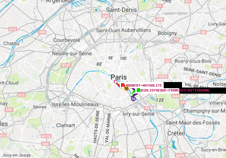 plan itinéraire ratp de Bibliotheque-Francois Mitterrand à Maubert-Mutualité