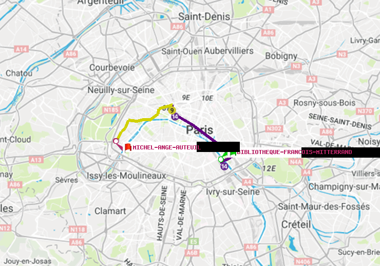 plan itinéraire ratp de Bibliotheque-Francois Mitterrand à Michel-Ange-Auteuil