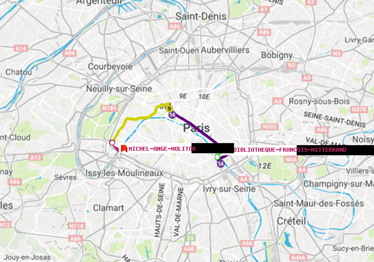 plan itinéraire ratp de Bibliotheque-Francois Mitterrand à Michel-Ange-Molitor