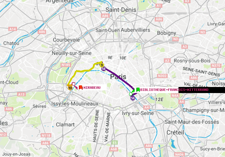 plan itinéraire ratp de Bibliotheque-Francois Mitterrand à Mirabeau