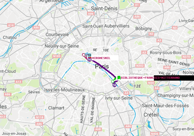 plan itinéraire ratp de Bibliotheque-Francois Mitterrand à Miromesnil
