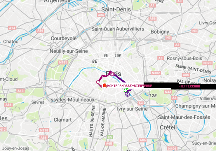 plan itinéraire ratp de Bibliotheque-Francois Mitterrand à Montparnasse-Bienvenue