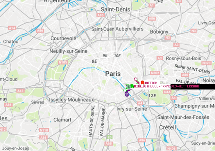 plan itinéraire ratp de Bibliotheque-Francois Mitterrand à Nation