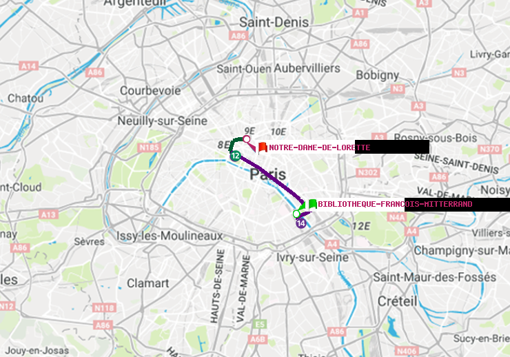 plan itinéraire ratp de Bibliotheque-Francois Mitterrand à Notre-Dame de Lorette