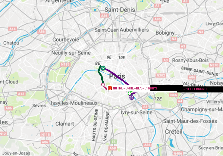plan itinéraire ratp de Bibliotheque-Francois Mitterrand à Notre-Dame des Champs