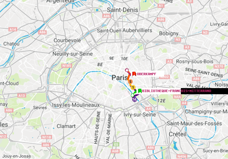 plan itinéraire ratp de Bibliotheque-Francois Mitterrand à Oberkampf