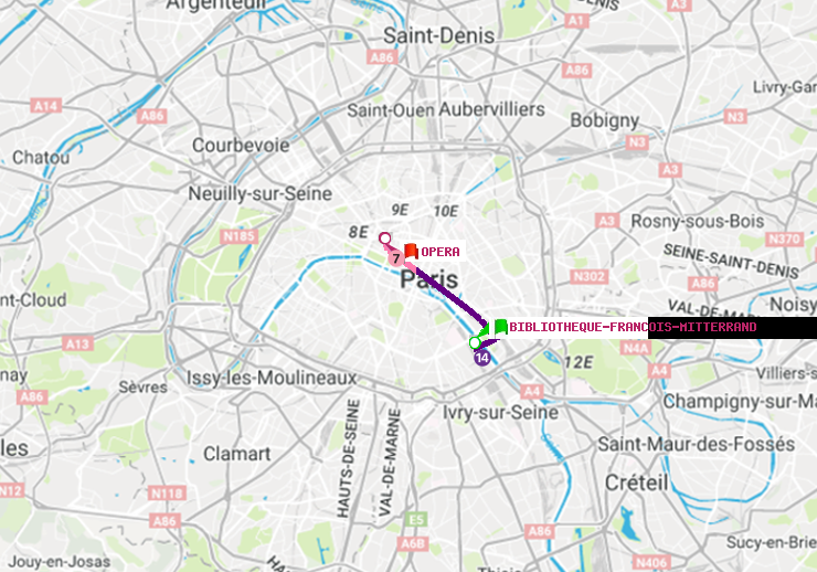 plan itinéraire ratp de Bibliotheque-Francois Mitterrand à Opéra