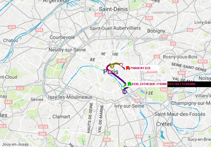 plan itinéraire ratp de Bibliotheque-Francois Mitterrand à Parmentier