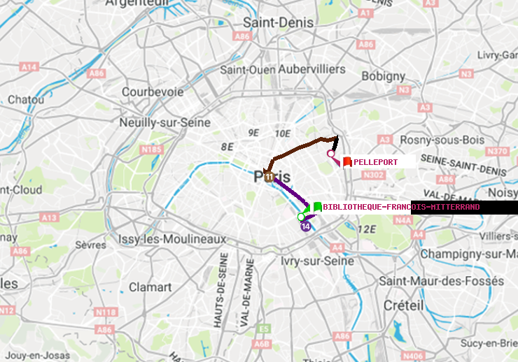 plan itinéraire ratp de Bibliotheque-Francois Mitterrand à Pelleport