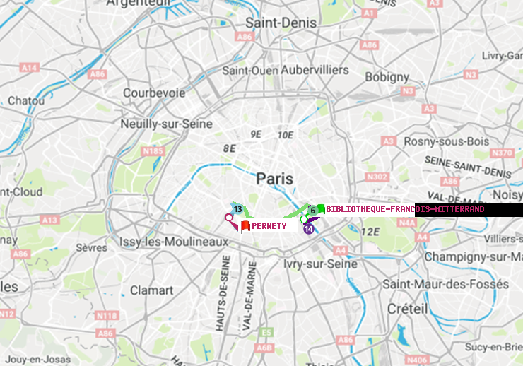 plan itinéraire ratp de Bibliotheque-Francois Mitterrand à Pernety