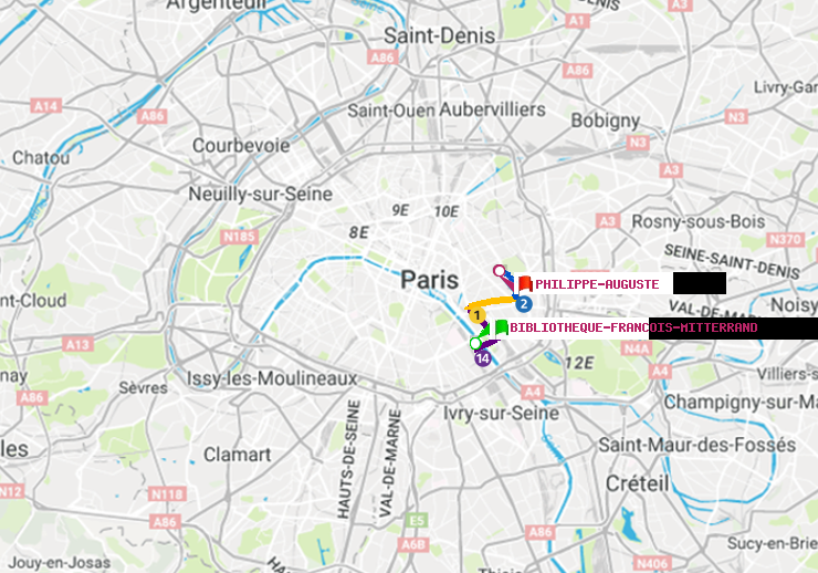 plan itinéraire ratp de Bibliotheque-Francois Mitterrand à Philippe Auguste