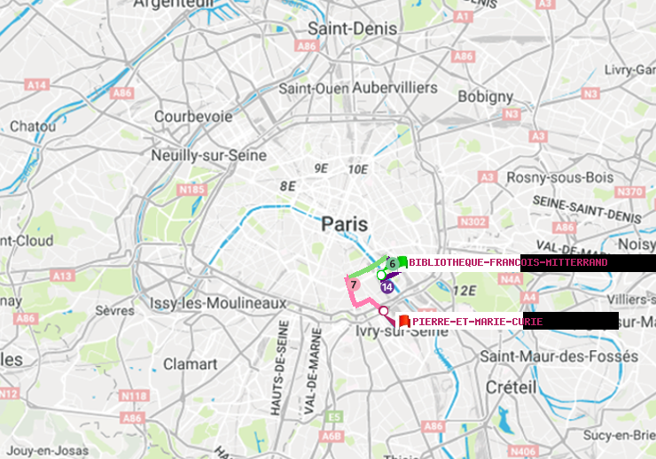 plan itinéraire ratp de Bibliotheque-Francois Mitterrand à Pierre et Marie Curie