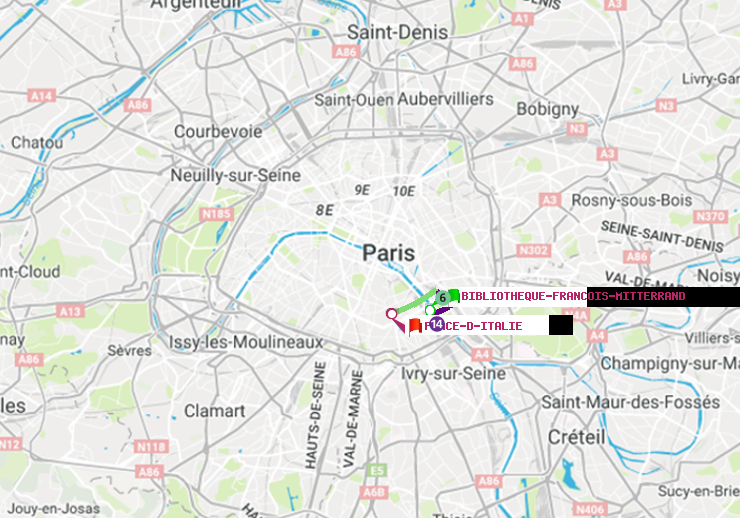 plan itinéraire ratp de Bibliotheque-Francois Mitterrand à Place d