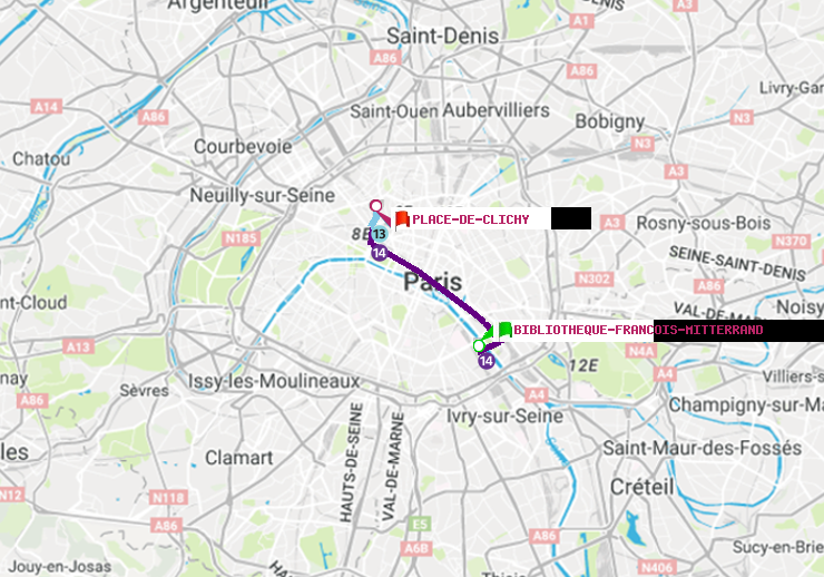 plan itinéraire ratp de Bibliotheque-Francois Mitterrand à Place de Clichy